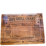 Wooden cutting board with engraved BBQ grill chart and beer can design.