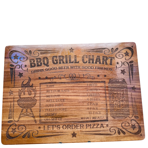 Wooden cutting board with engraved BBQ grill chart and beer can design.