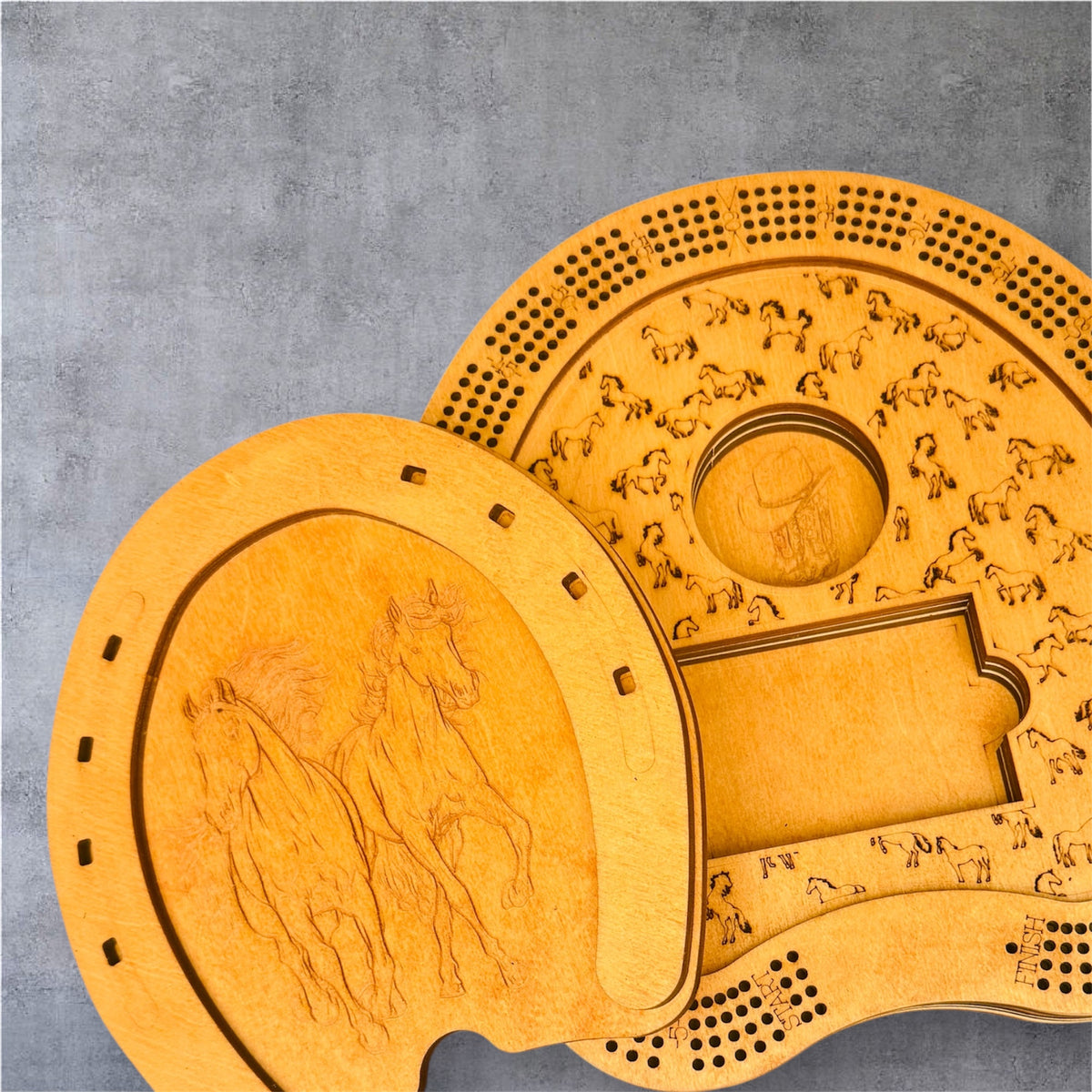 Horseshoe Cribbage Board – Handmade Wooden Horse Design with Peg Storage
