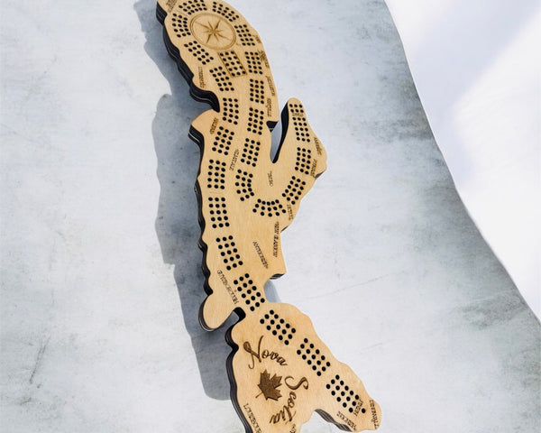 Nova Scotia Map Cribbage Board – 3 Player Wooden Crib Board with Engraved Cities