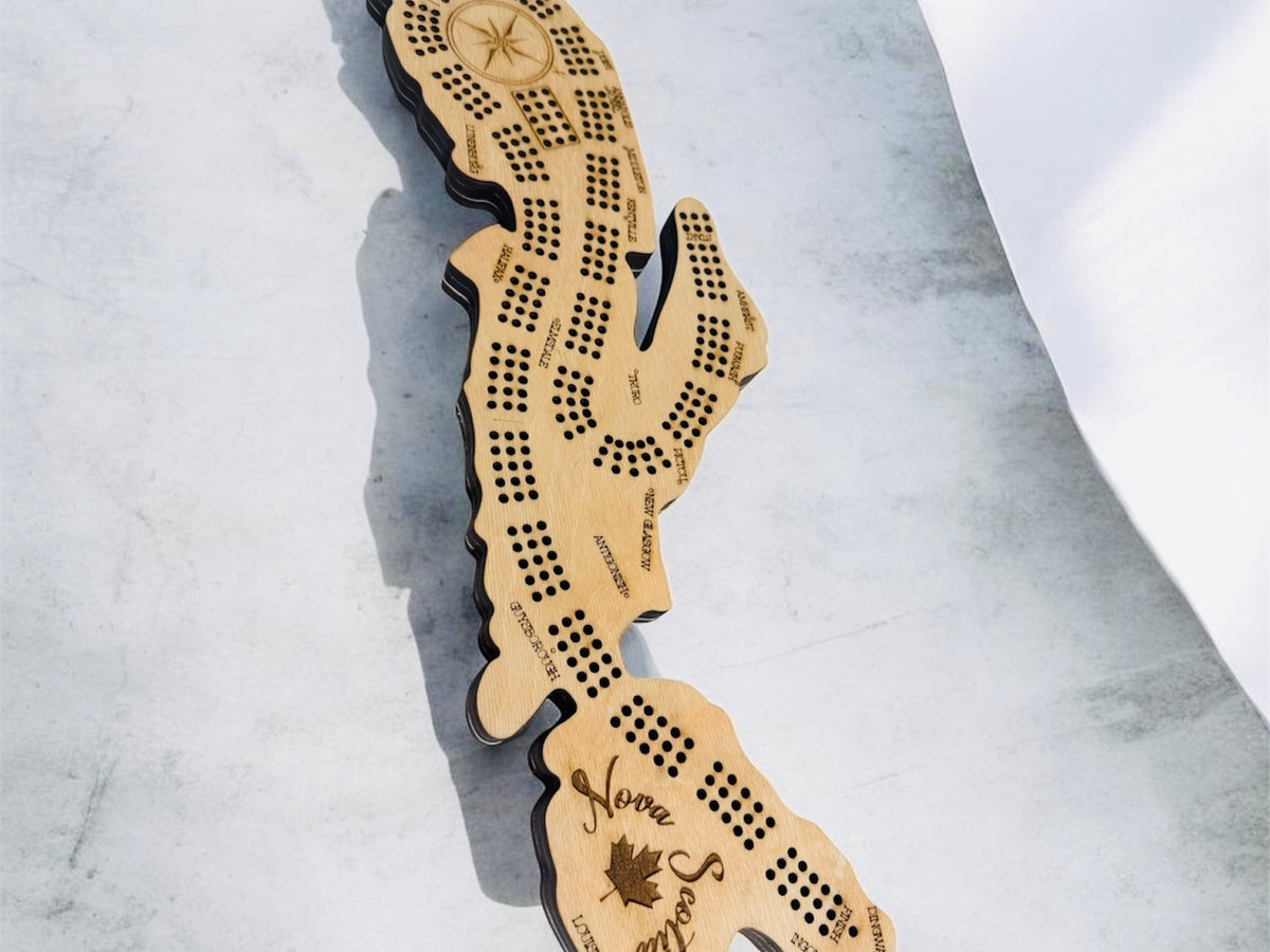 Nova Scotia Map Cribbage Board – 3 Player Wooden Crib Board with Engraved Cities