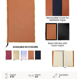 Laserette Notebook Journal with rawhide cover, removable cover for refillable paper, and black gift box on a white background.