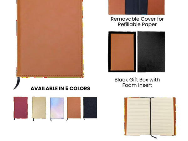 Laserette Notebook Journal with rawhide cover, removable cover for refillable paper, and black gift box on a white background.