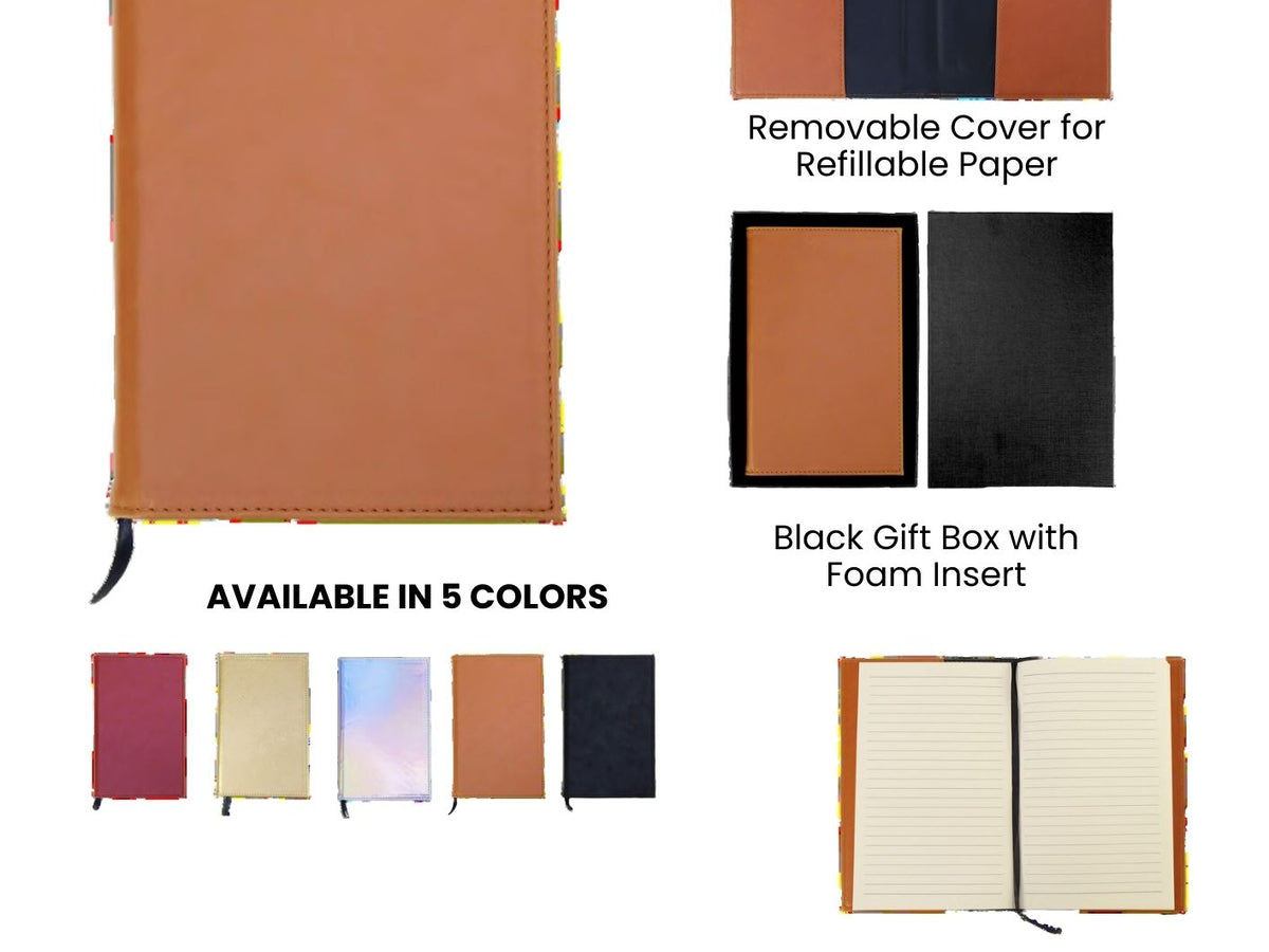 Laserette Notebook Journal with rawhide cover, removable cover for refillable paper, and black gift box on a white background.