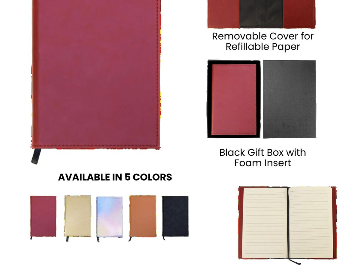 Laserette Notebook Journal with removable cover and black gift box on a white background