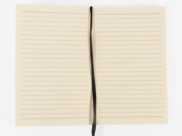 Open notebook with lined pages on a white background