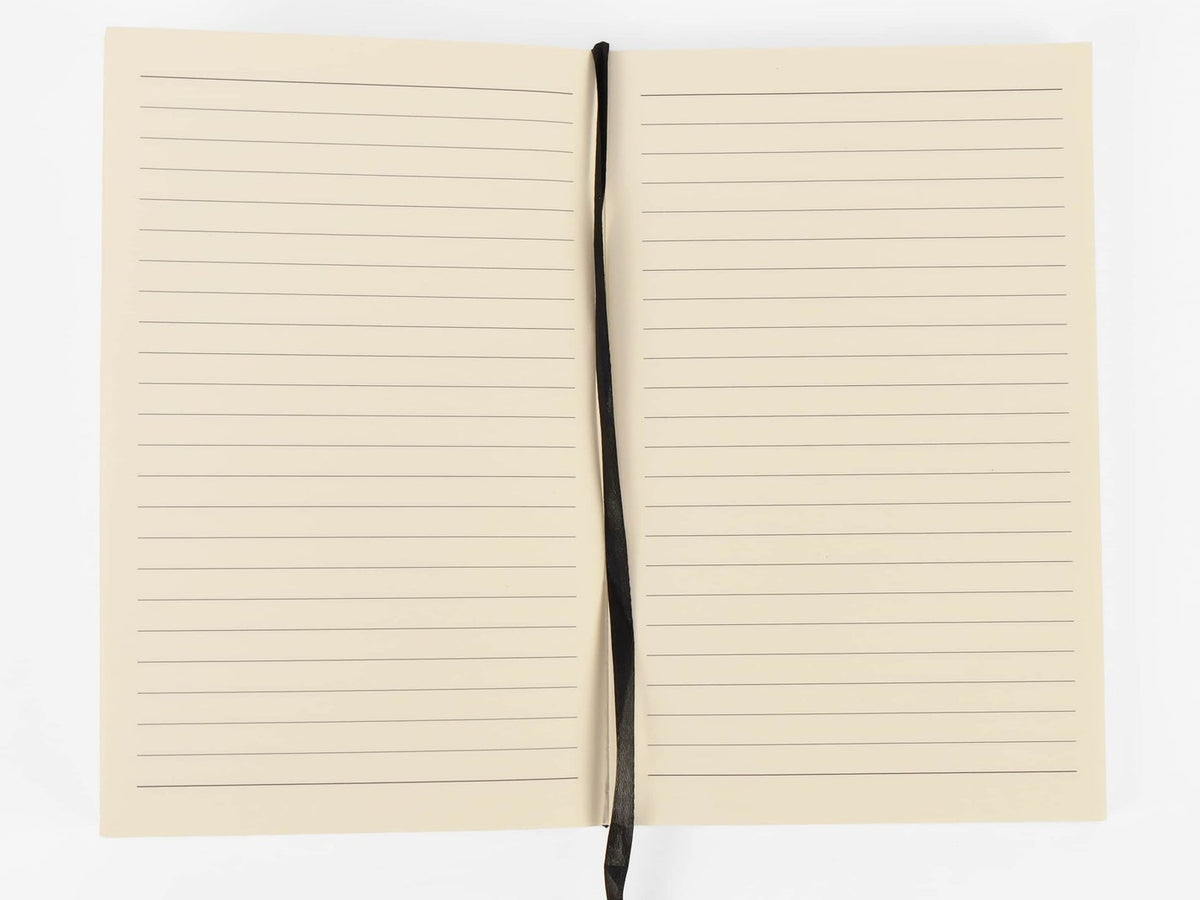 Open notebook with lined pages on a white background
