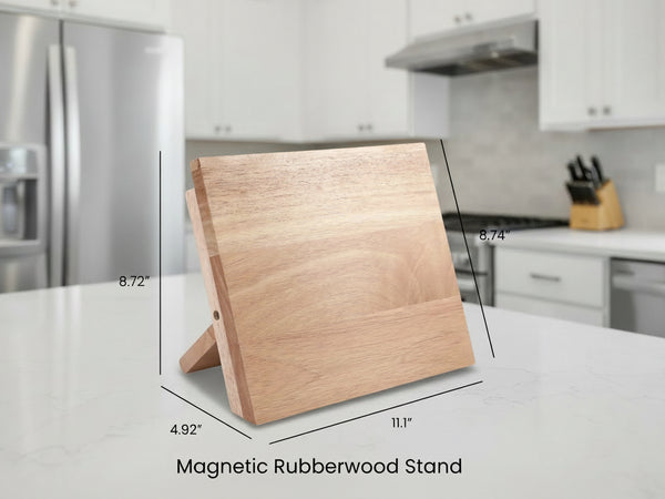 Wooden magnetic rubberwood stand with measurements on a kitchen counter