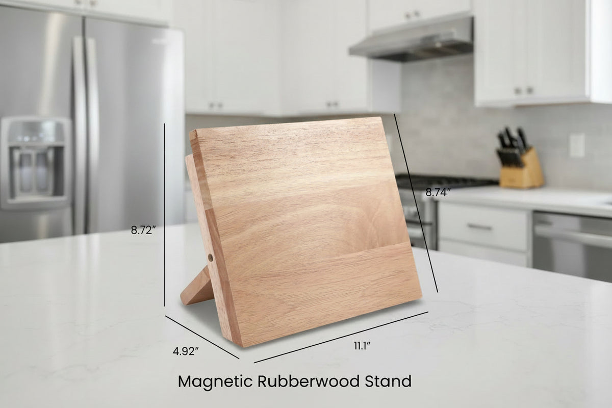 Wooden magnetic rubberwood stand with measurements on a kitchen counter