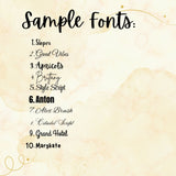List of sample fonts on a decorative background with floral elements