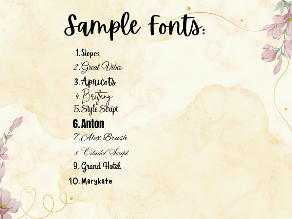 List of sample fonts on a decorative background with floral elements