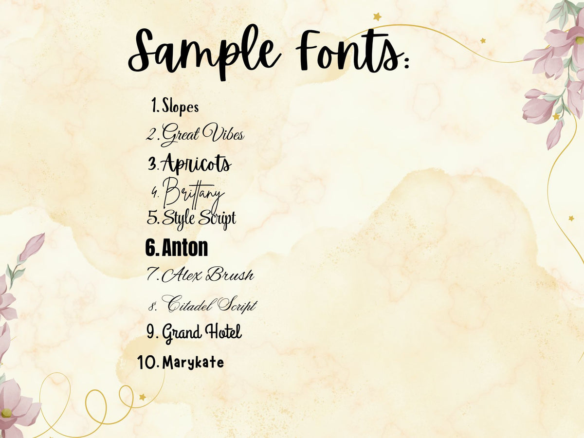 List of sample fonts on a decorative background with floral elements