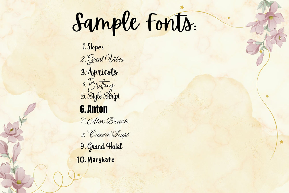 List of sample fonts on a decorative background with floral elements
