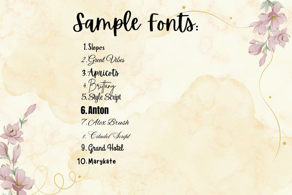 List of sample fonts on a decorative background with floral elements