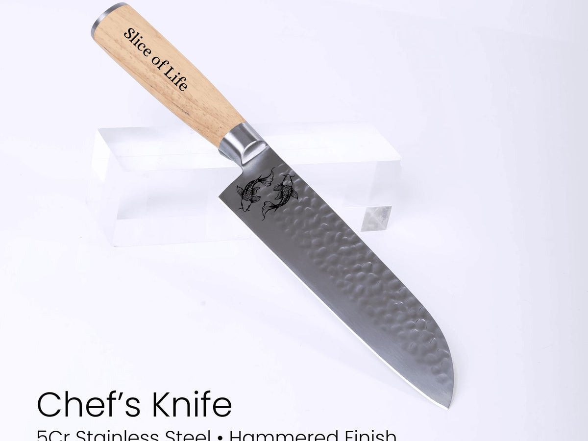 Chef's knife with wooden handle on a white background