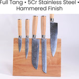 Set of five knives with wooden handles on a wooden block against a white background, featuring text about material and finish.