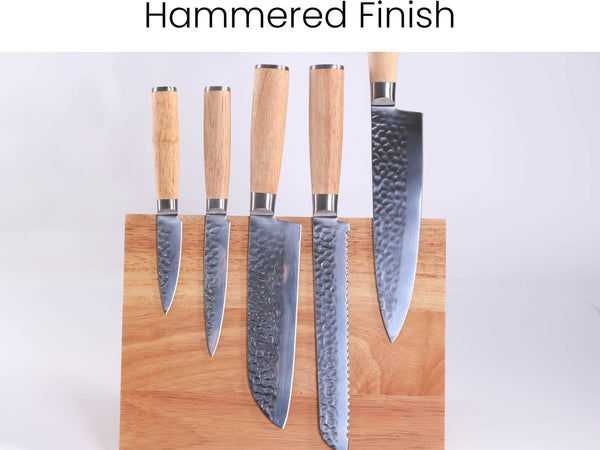 Set of five knives with wooden handles on a wooden block against a white background, featuring text about material and finish.
