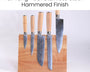 Set of five knives with wooden handles on a wooden block against a white background, featuring text about material and finish.