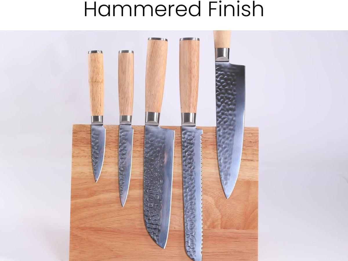 Set of five knives with wooden handles on a wooden block against a white background, featuring text about material and finish.