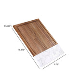 Wooden cutting board with marble edge and dimensions on a white background