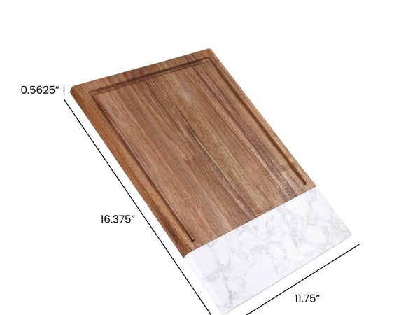 Wooden cutting board with marble edge and dimensions on a white background