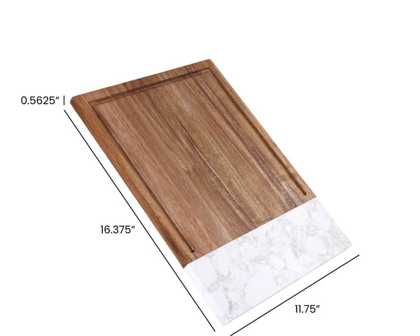 Wooden cutting board with marble edge and dimensions on a white background