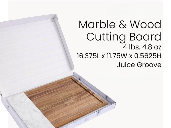 Marble and wood cutting board in a white box with product details on a white background