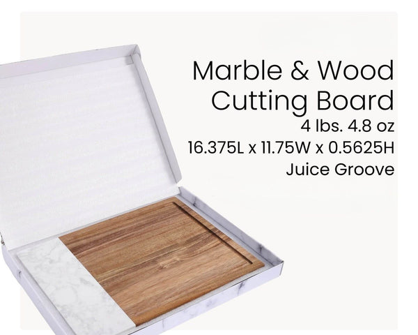 Marble and wood cutting board in a white box with product details on a white background