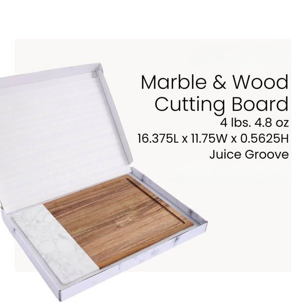 Marble and wood cutting board in a white box with product details on a white background