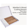 Marble and wood cutting board in a white box with product details on a white background
