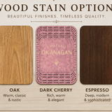 A product information graphic showing six wood stain options from Creations by Alfie: Maple, Oak, Dark Cherry, Espresso, and Black, each represented by a wood grain swatch with descriptive text below.
