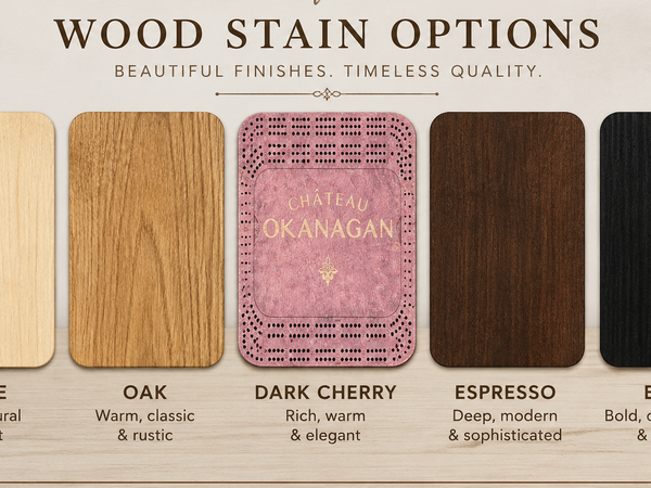 A product information graphic showing six wood stain options from Creations by Alfie: Maple, Oak, Dark Cherry, Espresso, and Black, each represented by a wood grain swatch with descriptive text below.