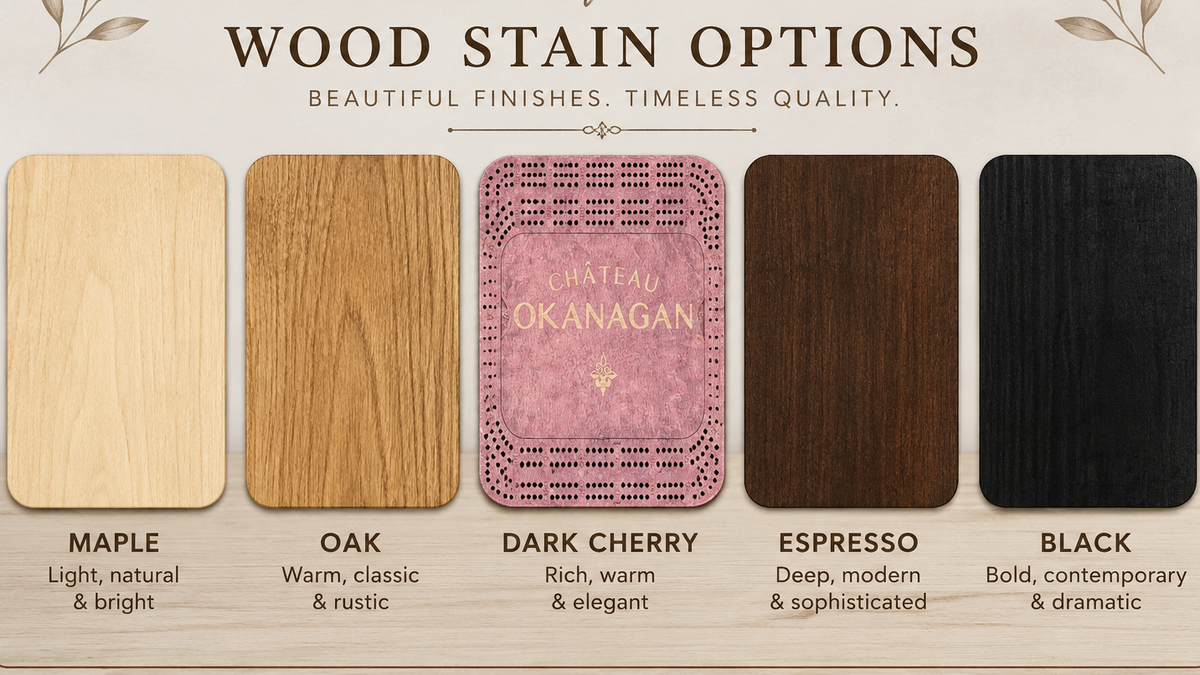 A product information graphic showing six wood stain options from Creations by Alfie: Maple, Oak, Dark Cherry, Espresso, and Black, each represented by a wood grain swatch with descriptive text below.