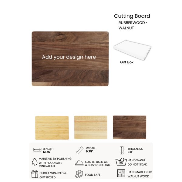 Wooden cutting board with customizable text area, gift box, and dimensions on a white background.