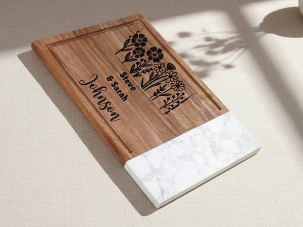Wooden cutting board with floral design and text on a white background