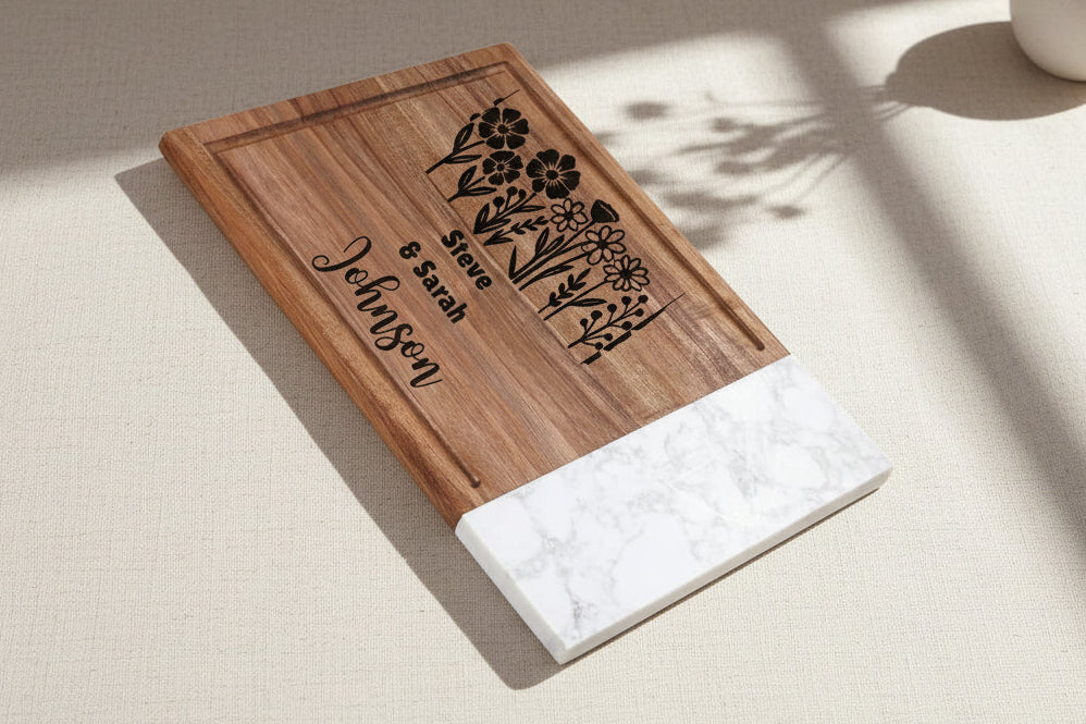 Wooden cutting board with floral design and text on a white background