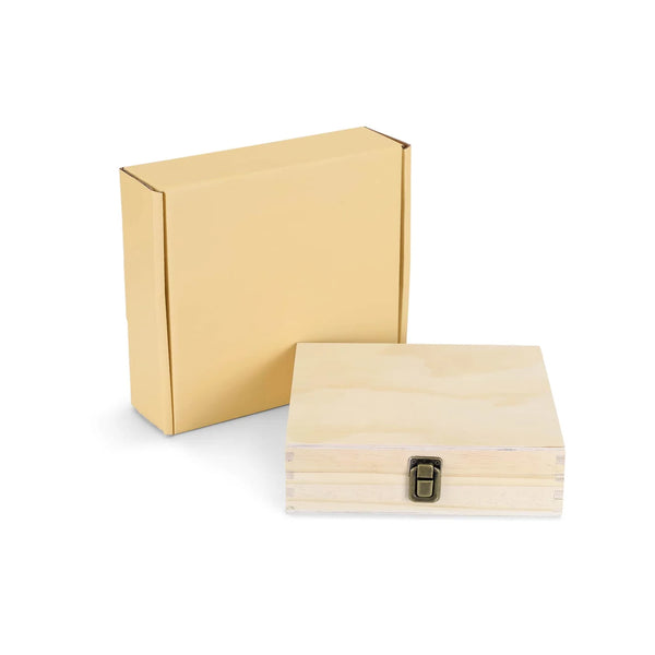 Two wooden boxes, one gold and one natural, on a white background