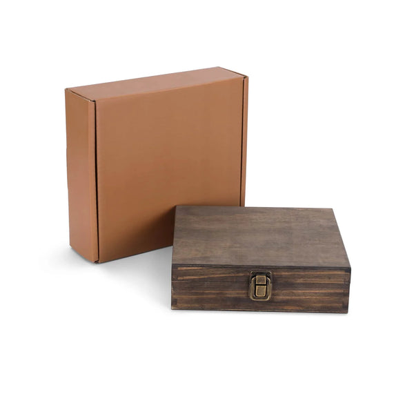 Two wooden boxes, one brown and one rustic brown, on a white background
