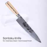 Santoku knife with wooden handle on a white background