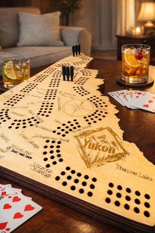 Wooden cribbage board with cards and drinks on a table