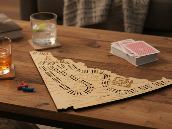 Wooden map of Yukon with cut-out design on a beige background