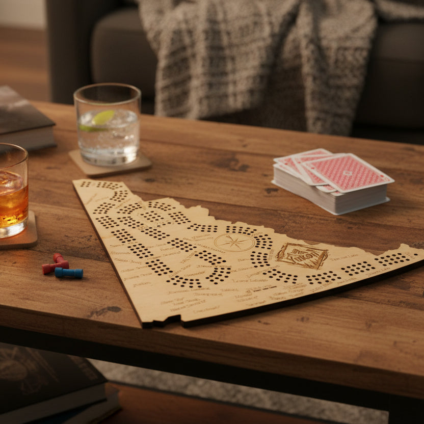Wooden map of Yukon with cut-out design on a beige background