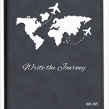 Journal with world map and airplane illustrations on a dark blue cover