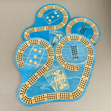 Blue cribbage board with card illustrations on a gray background