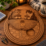 A round engraved wooden board game featuring two cats playing with cards, displayed on a wooden table with a mug, plant, and other cozy props in the background.
