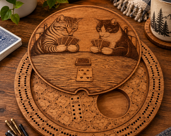A round engraved wooden board game featuring two cats playing with cards, displayed on a wooden table with a mug, plant, and other cozy props in the background.