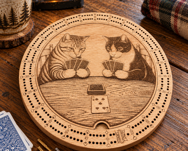 A round wooden cribbage board featuring an engraved illustration of two cats playing card games, shown on a rustic wooden table with cards, a mug, and a plaid blanket nearby.