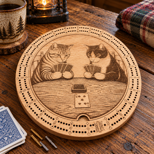A round wooden cribbage board featuring an engraved illustration of two cats playing card games, shown on a rustic wooden table with cards, a mug, and a plaid blanket nearby.