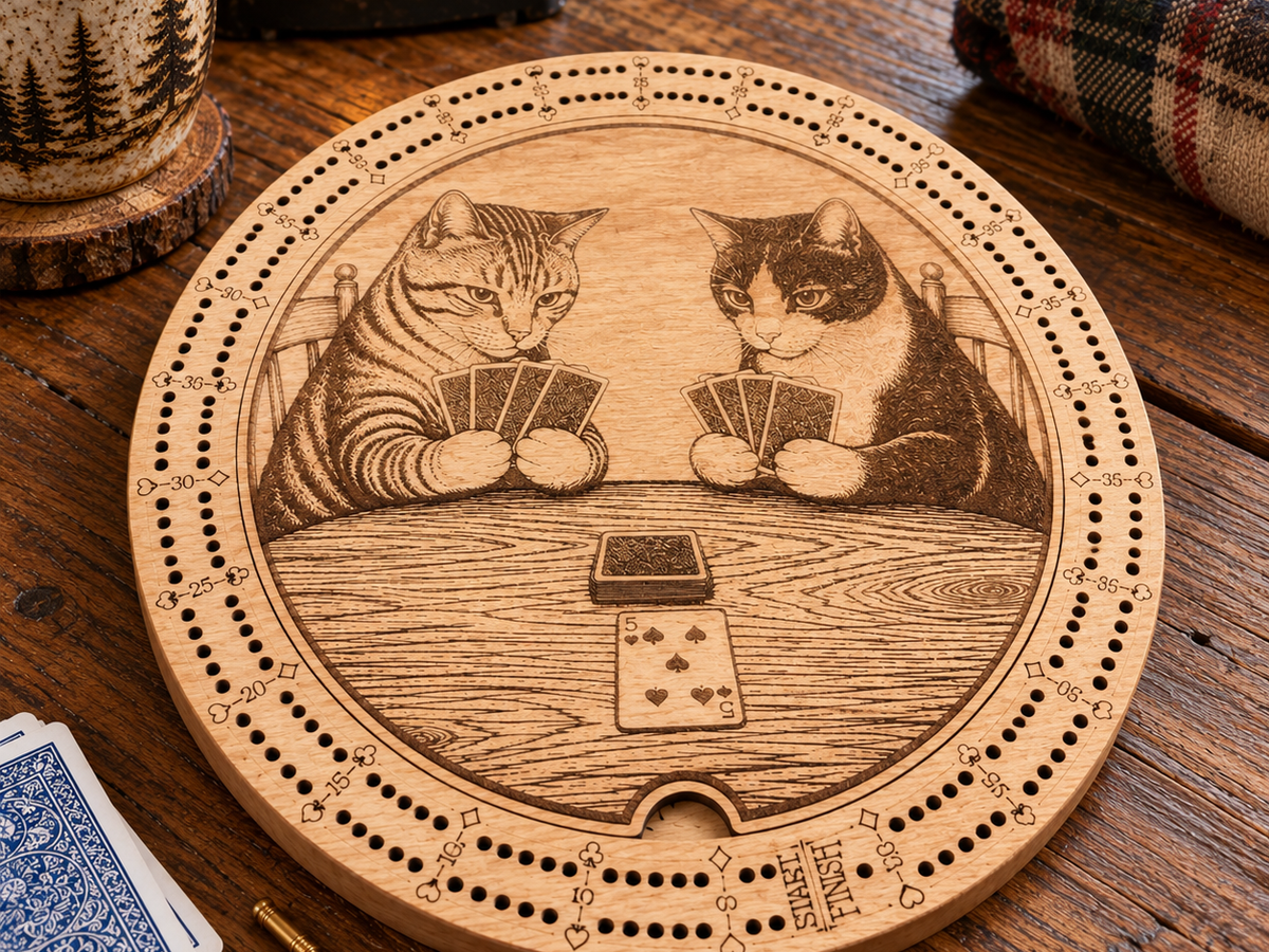A round wooden cribbage board featuring an engraved illustration of two cats playing card games, shown on a rustic wooden table with cards, a mug, and a plaid blanket nearby.