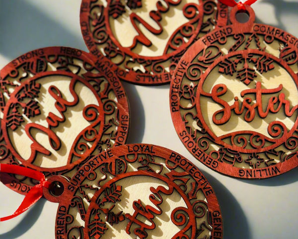 personalized christmas ornament painted red with a plain wood background
